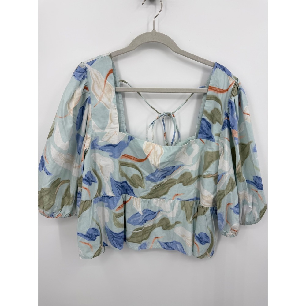 Abercrombie & Fitch Floral Puff Sleeve Top Womens XL Blue Peplum Tie Back Blouse